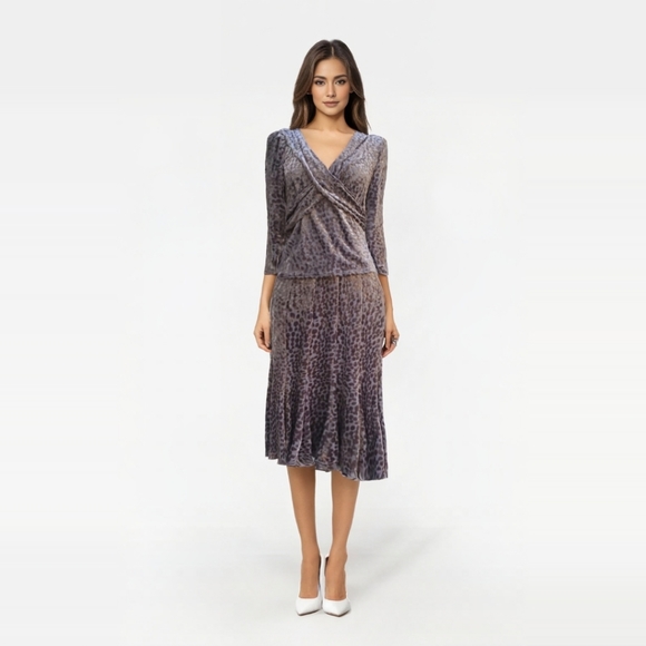 Vintage 90s y2k Joseph Ribkoff Gray Animal Print Velvet Stretchy Skirt Top Set - Picture 8 of 8